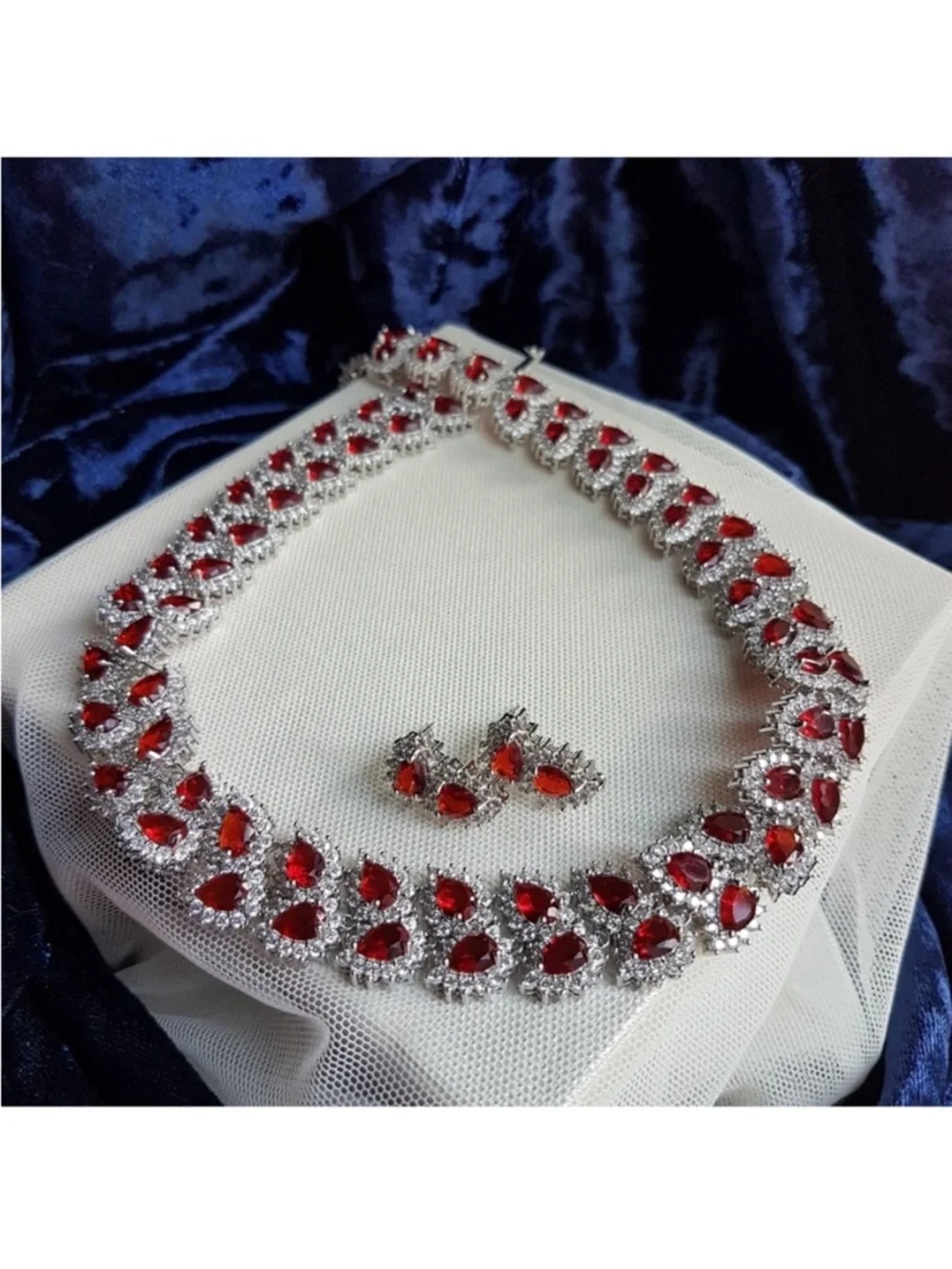 Swarovski Elements Platinum Ruby Red All-around Tennis Necklace & Earrings SET